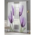 thumbnail image 4 of Purple Tulips Semi Sheer Window Curtains 96 Inches Long, Green Leaf Country Flower White Botanical Rod Pocket Voile Silky Chiffon Curtain Light Filtering Drapes for Living Room, 52"x96", 2 Panels, 4 of 9