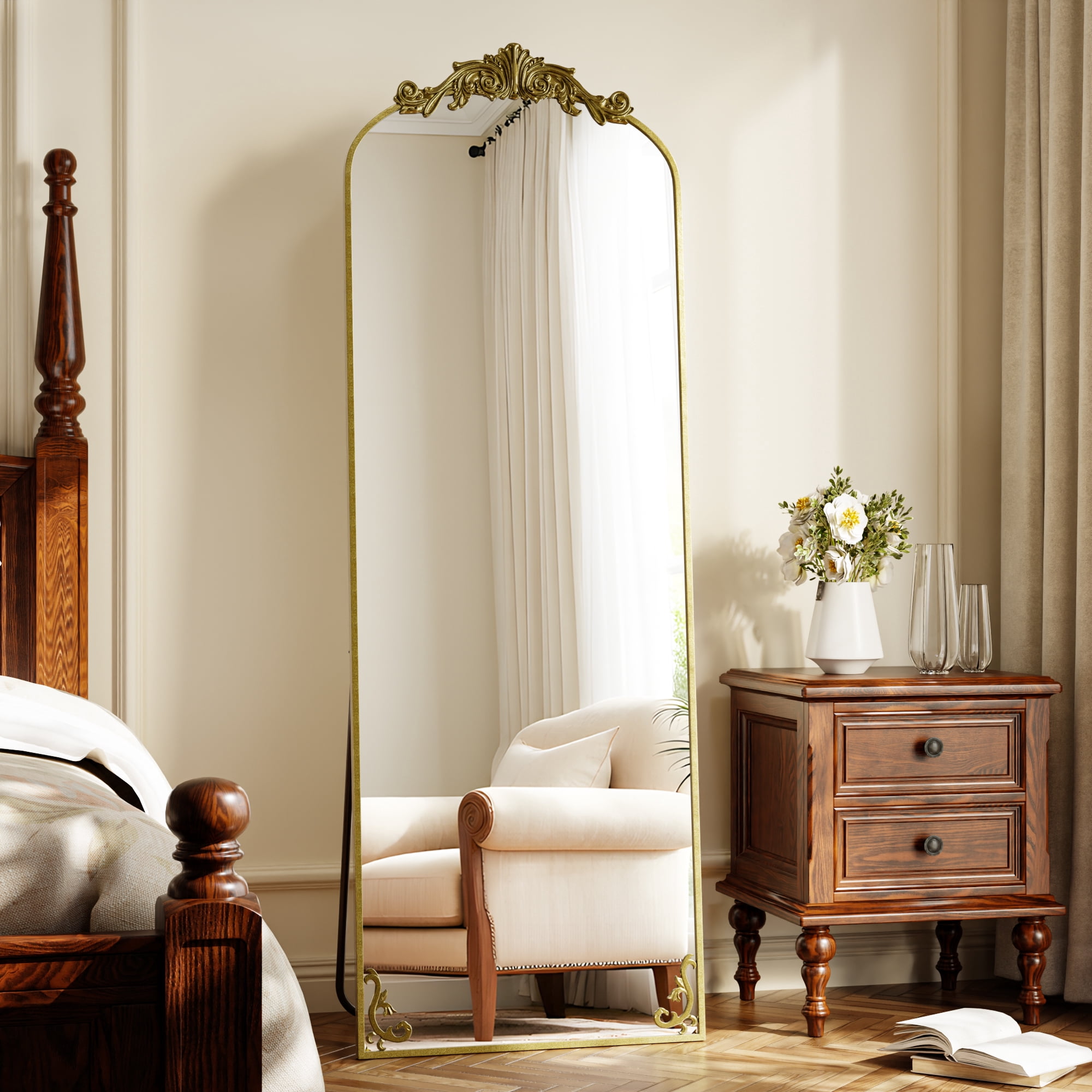 AUROMIR 70"x 24" Arched Full Length Mirror Vintage Floor Mirror with Carved Metal Frame, Gold
