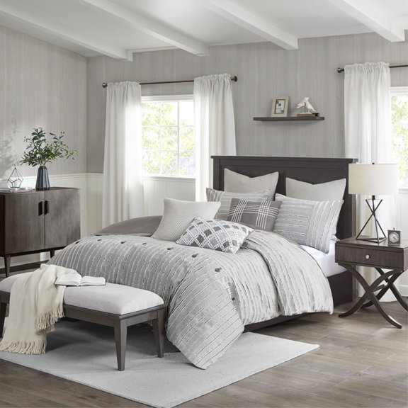 Essence Oversized Gray Cotton Clipped Jacquard Comforter Set with Euro Shams & Decorative Throw Pillows - Luxurious 100% Cotton & Acrylic Fabrics, Removable Insert