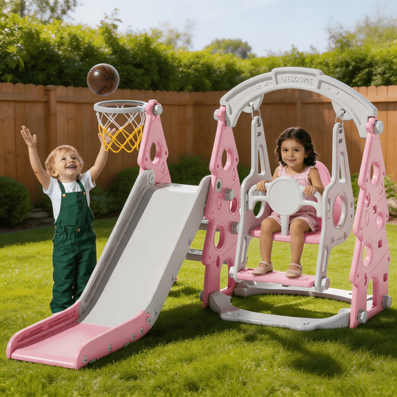 KORIMEFA 4-in-1 Kids Slide and Swing Set, Indoor and Outdoor Playground Toddlers 1-4 Years, Includes Slide, Swing, Basketball Hoop, and Climber