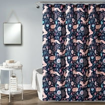 Lush Decor Pixie Fox Kids Animals and Flower Pattern Print Microfiber Shower Curtain, 72x72, Navy/Pink, Single