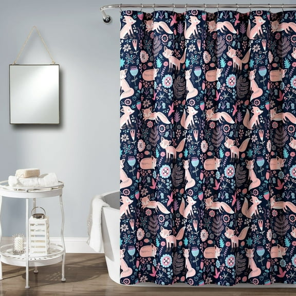Lush Decor Pixie Fox Kids Animals and Flower Pattern Print Microfiber Shower Curtain, 72x72, Navy/Pink, Single