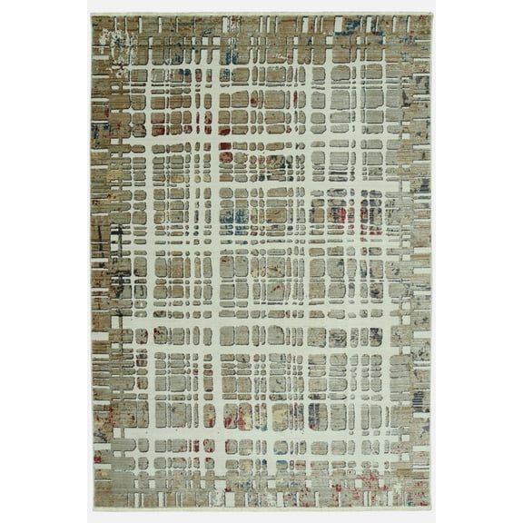 8â€™ Round Ivory Khaki Distressed Plaid Area Rug
