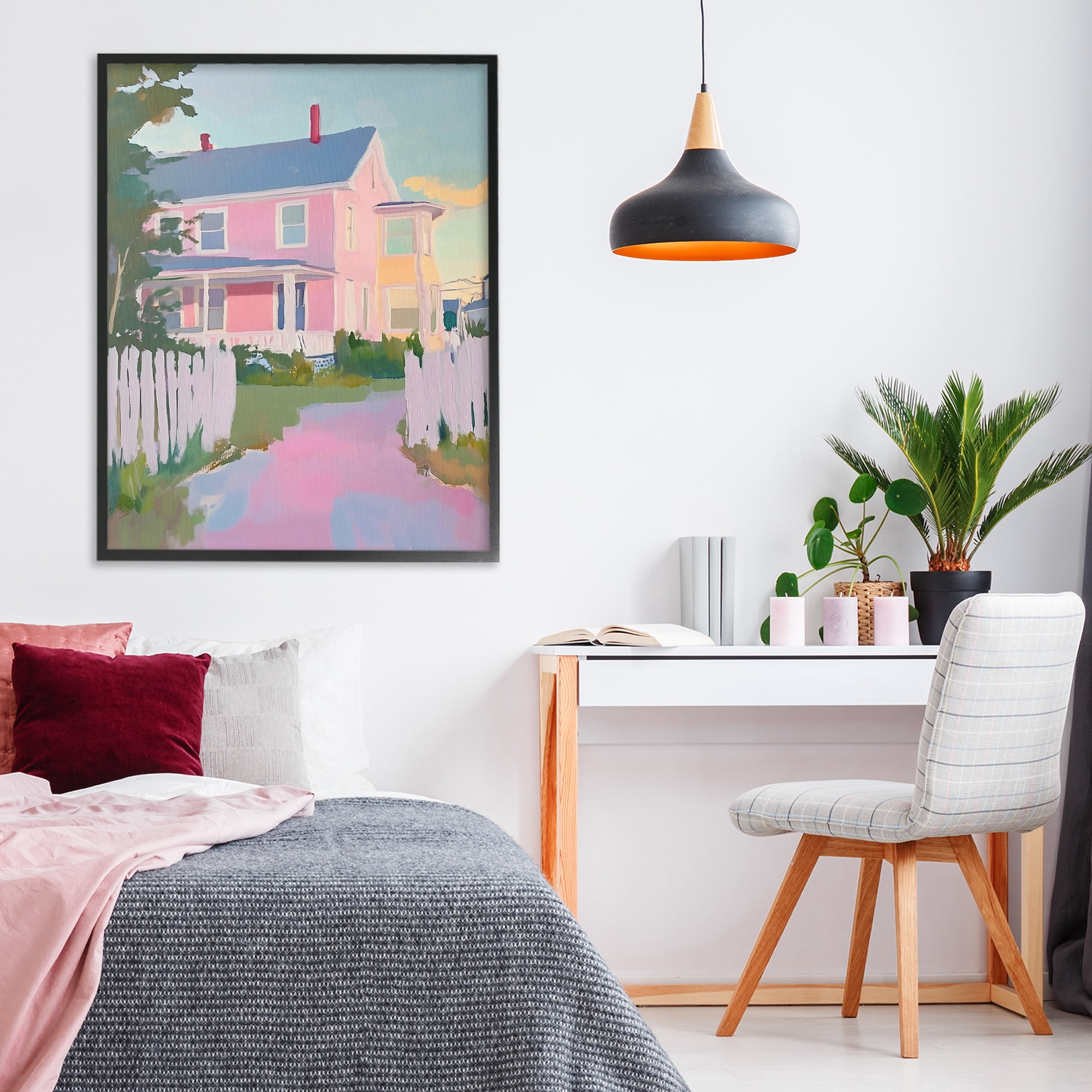 Stupell Industries Pastel Pink House with Fence Black Framed Giclee Art, design by The Prints Vibe