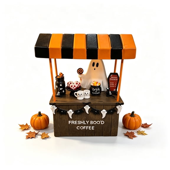 Halloween Ghost Boo'd Coffee Cart Figurine, Freshly Boo's Cafe Stall Resin Statue, Halloween Cute Spooky Tabletop Decorations for Mantel, Coffee Bar, Indoor Fall Decor