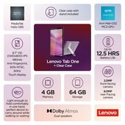 Lenovo Tab One 8.7 HD (1390 x 800) MediaTek Helio G85 4GB 64GB WIFI 5 Android 14, ZAF00043US (Includes Clear Case with Built-in Kickstand)