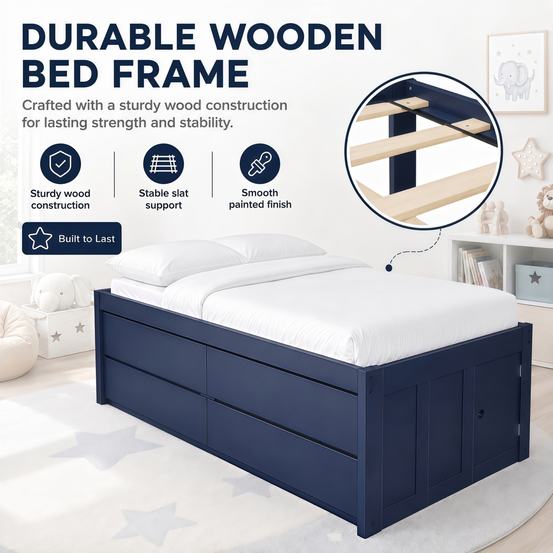 GDF Studio Tyler Twin Size Captain Bed with Storage Drawers & Side Door, Modern Space-Saving Bed for Kids, Navy Blue