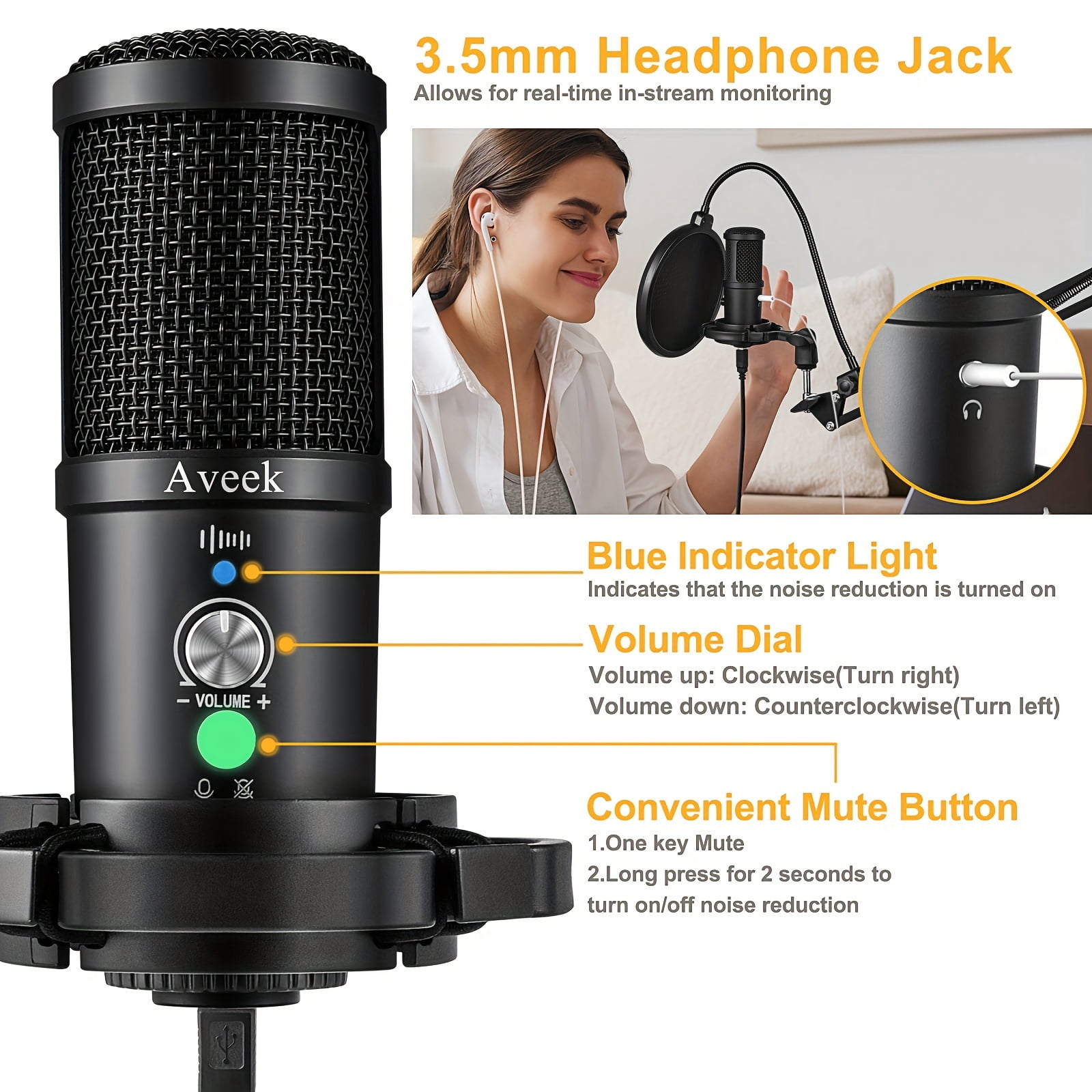 Professional USB Condenser Microphone Kit with Boom Arm, Pop Filter, Noise Reduction, 192kHz/24bit for Streaming, Podcast, Gaming, PC/Mac