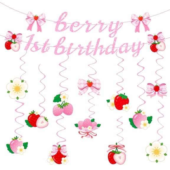 Sinekong Glitter Berry First Birthday Banner Hanging Swirls Set for Girls Strawberry 1st Birthday Decorations
