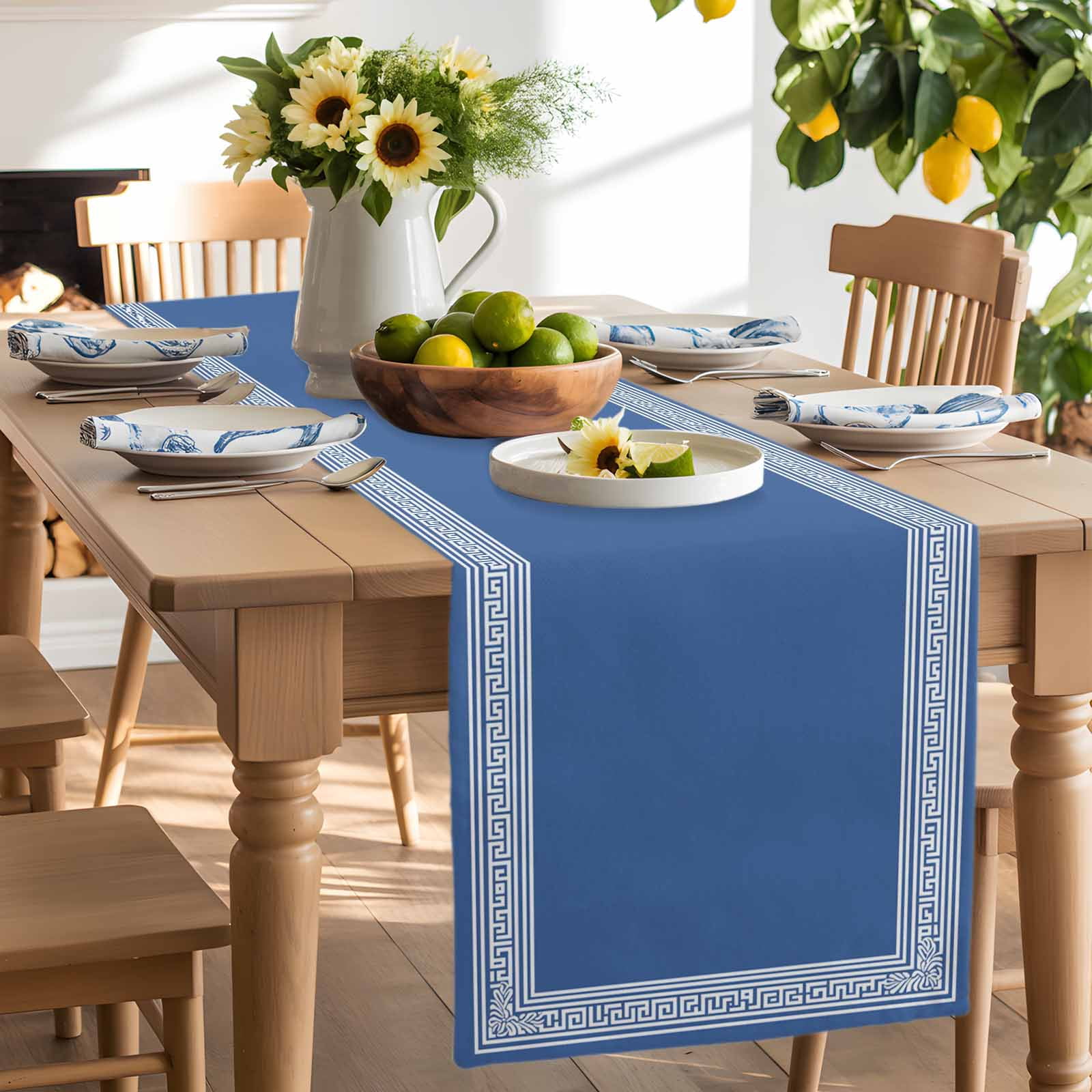 Table Runner 120 Inches Long for Kitchen Dining, Blue Geometric Dresser Scarf Farmhouse, Dining Table Decorations for Wedding/Parties, White Greek Key Design Abstract Modern Art 13 x 120 In