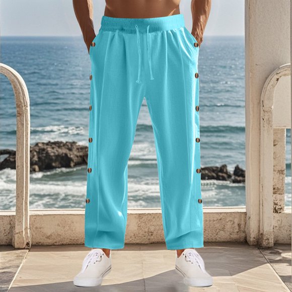 Pantalones largos de moda para hombre, casuales, de color sólido, con botones, cintura elástica, rectos, con pierna de cuerno, pantalones largos de poliéster para hombre.