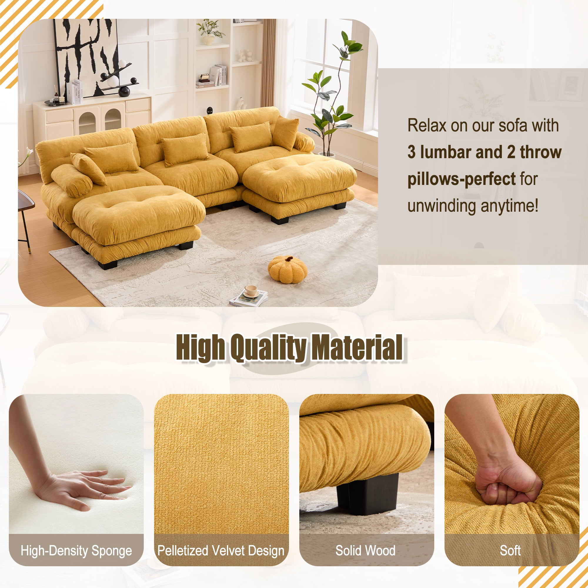 MOONMISS Velvet Upholstered Oversized U-shaped Tufted Free Combined Sectional Sofa with Bolster Armrest Pillows-Yellow