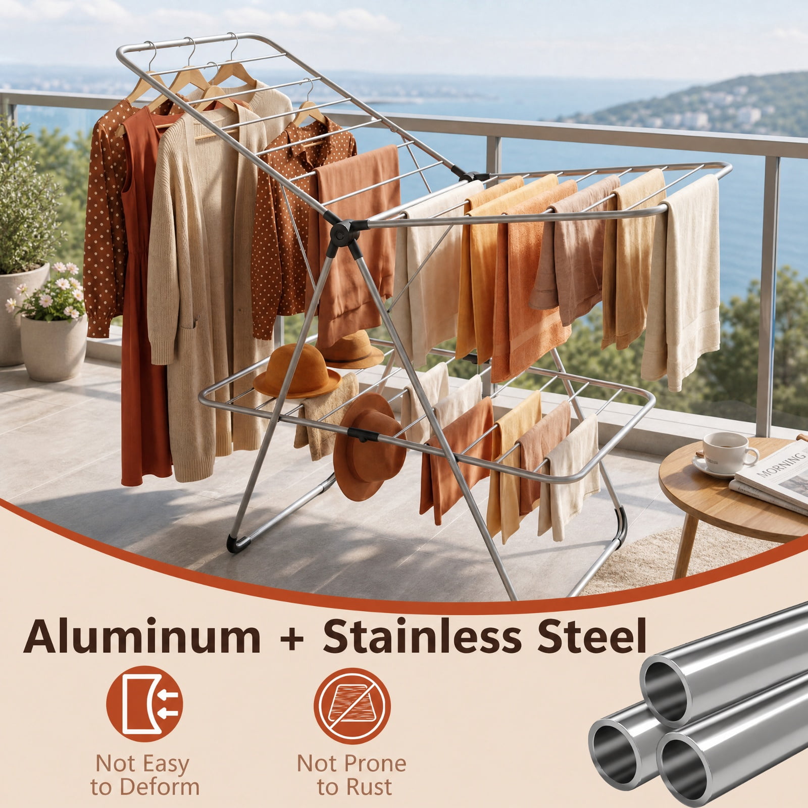 Vebreda Foldable Clothes Drying Rack, Foldable 2-Tier Clothes Drying Rack Heavy-Duty Aluminum Stainless Steel Laundry Airer, laundry drying rack