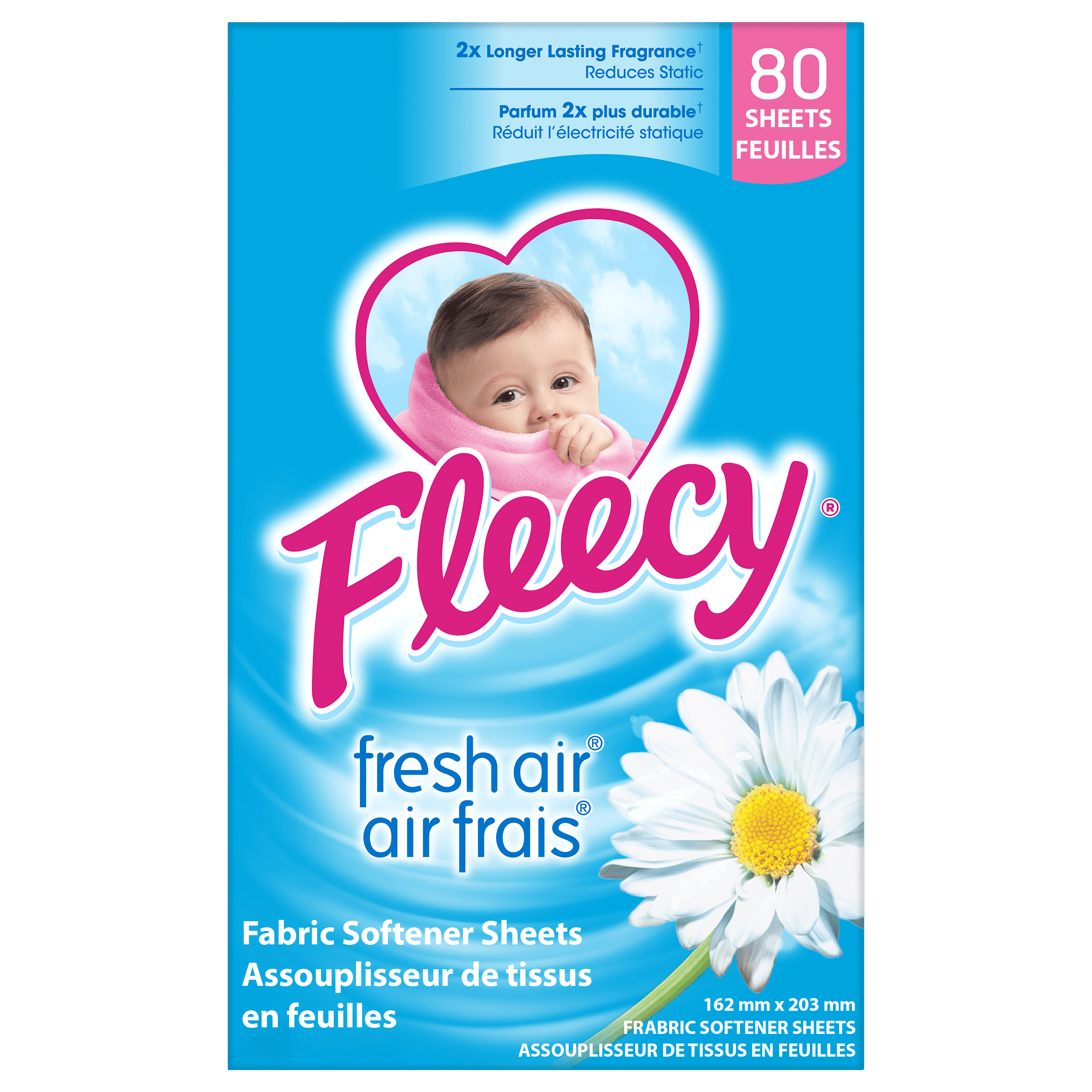 Fleecy Dryer Sheets, Fabric Softener, Fresh Air Scent, 80 Sheets