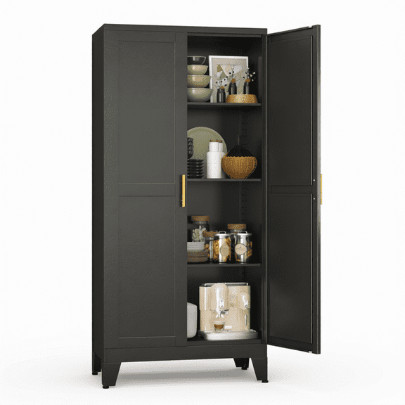 LRUNE Metal Storage Cabinet, Black Pantry Cabinet with 2 Doors, Freestanding Organizer for Kitchen, Garage, Office