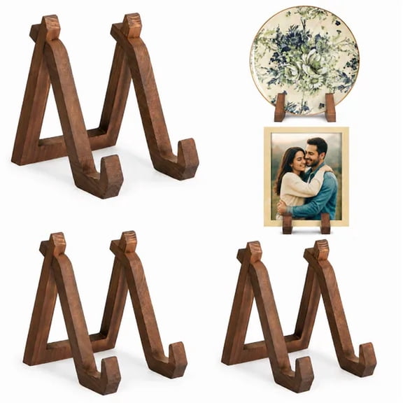 Solid Wood Plate Display Stand, 3 Pack 6 Inch Decorative Plate Holder, Tabletop Easel Stand, Multipurpose Picture Stand for Dish, Picture Frame, Photo, Plaque, Platter and Art Decor, Dark Brown Woode