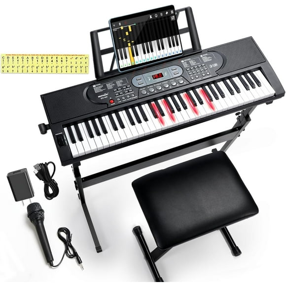 Osoeri 61 Electronic Key Keyboard Piano for Kids,Portable Digital Piano with Foldable Bench, Microphone, Sheet Music Stand and Keyboard Sticker