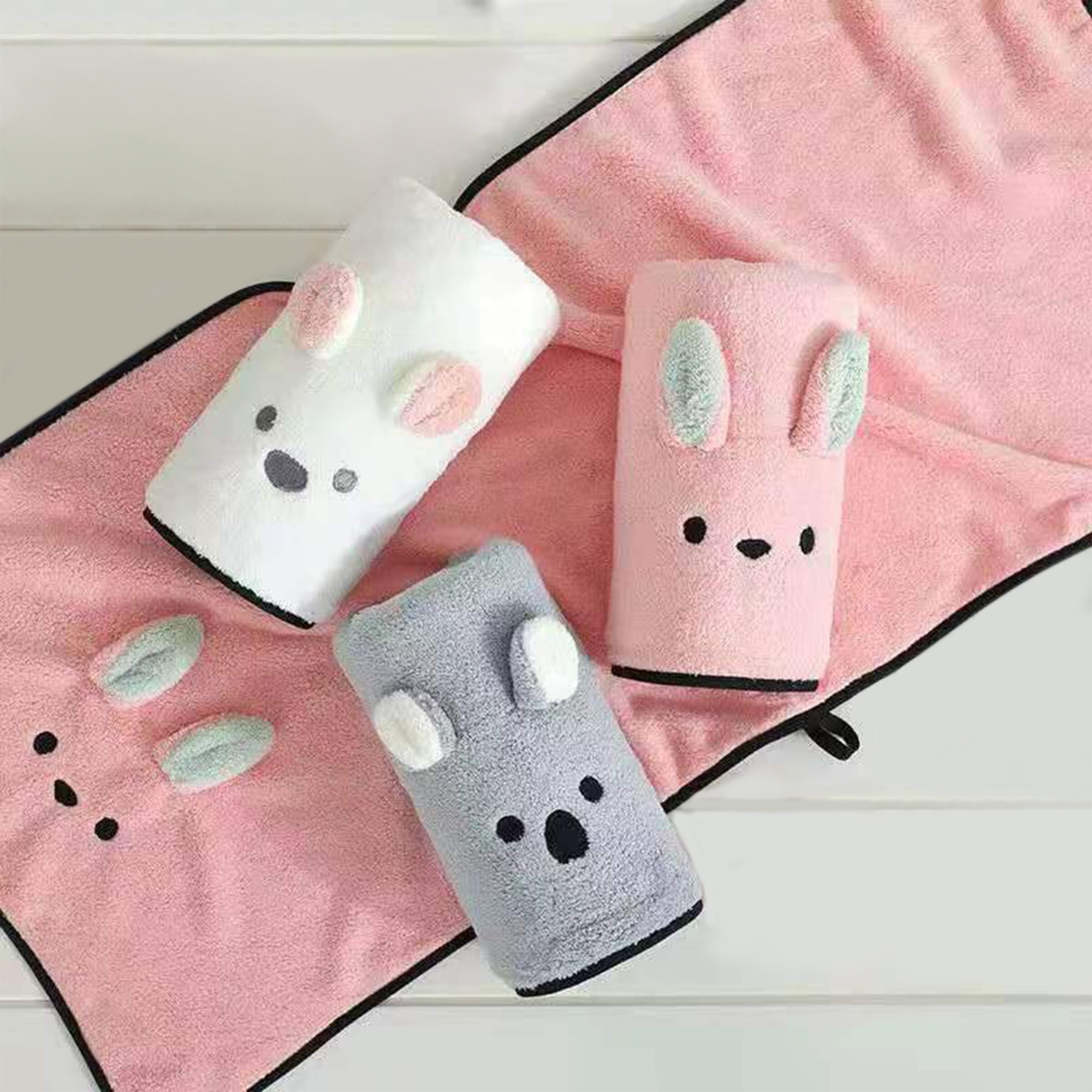 Unique Bargains Coral Soft and Absorbent Rabbit Pattern Towel Set White 2-Piece
