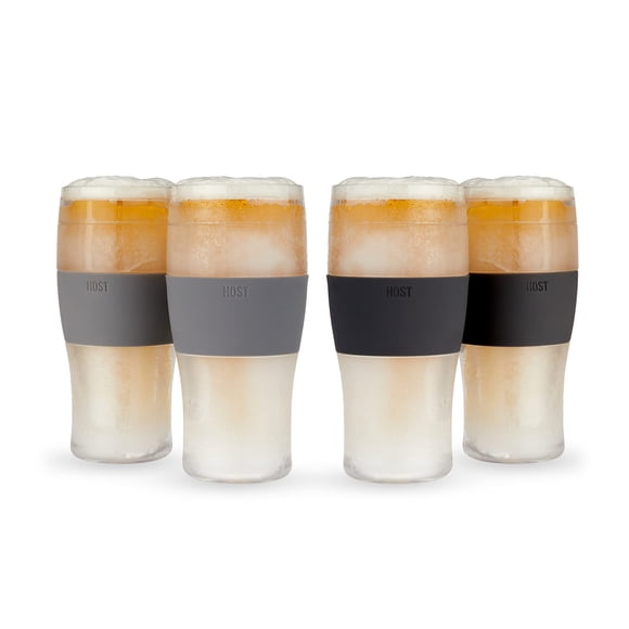 Host Freeze Beer 16 ounce Freezer Gel Chiller Double Wall Plastic Frozen Pint Glass, Black & Grey-Set of 4