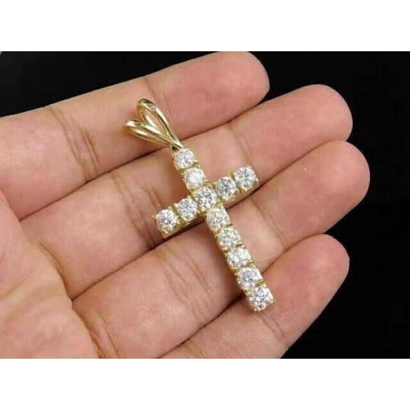 2Ct Round Cut Lab Created Diamond Beautiful 18'' Cross Pendant 14K Yellow Gold Plated Silver