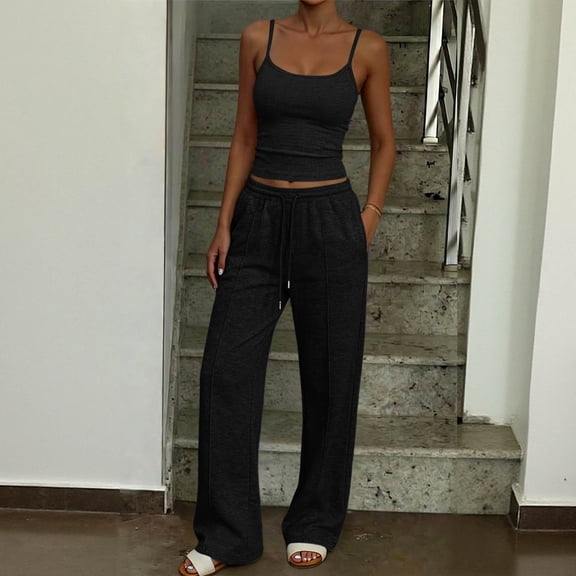 ClodeEU Women's Ribbed Knit Spaghetti Strap Top and Drawstring Waist Long Pants Set , Solid Color Casual Two Piece Outfit Black,Women's Plus L