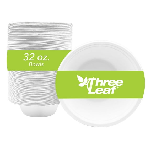 THREE LEAF 32 OZ (946 ML) BAGASSE BOWL, 25 Ct. Heavy-Duty- Super Strong- Natural- Eco-Friendly Disposable Bagasse Bowl, 100% Biodegradable