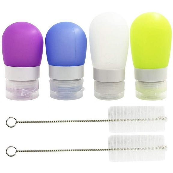 WSNIJFU 4 Pcs Squeeze Salad Dressing Bottles, FineGood 1.3oz and 2 oz. Portable Sauce Containers, Leak Proof Food Storage Condiment Bottles, Comes with 2 pcs Cleaning Brushes - 4 Colors