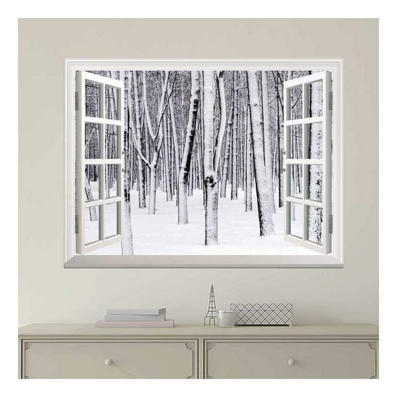 wall26 - Modern White Window Looking Out Into a Snowed in Forest - Wall Mural, Removable Sticker, Home Decor - 24x32 inches