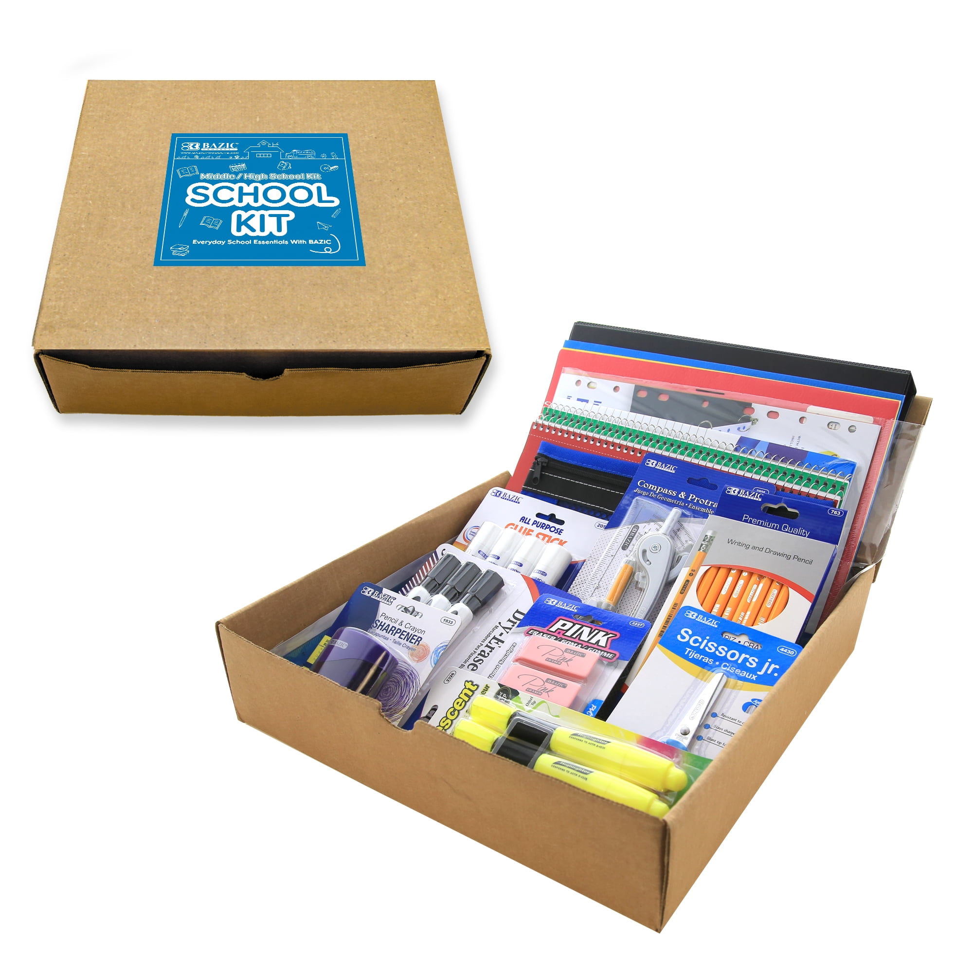 BAZIC Middle High School Kit Bundle Supplies Box 65 Count for Student 7-12 Grades, Bazic Products School Supplies Composition Books Binder and more, SPEC MAY VARY, 1-Pack