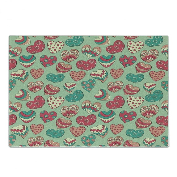 Hearts Cutting Board, Colorful Shapes on Pale Green Backdrop Flowers Dots Cheerful Love Valentine's Day, Decorative Tempered Glass Cutting and Serving Board, Small Size, Multicolor, by Ambesonne