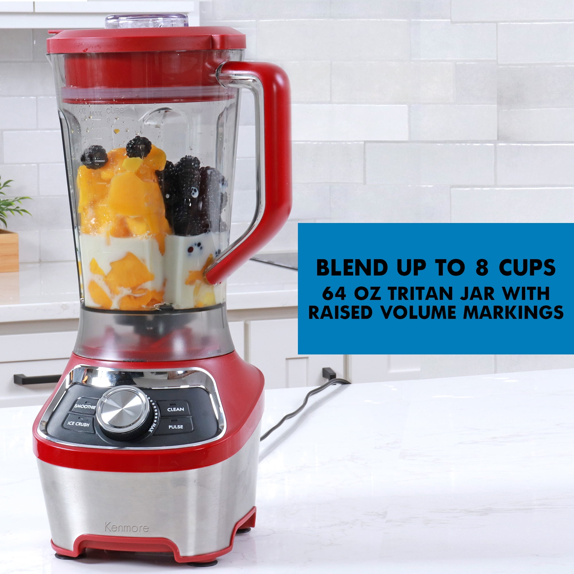Kenmore 64 oz Stand Blender, 1200W, Smoothie and Ice Crush Modes, Red