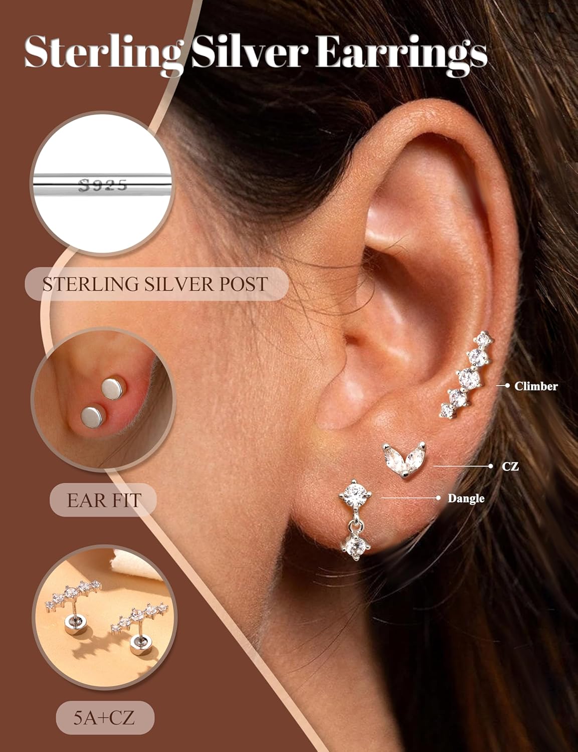 3 Pairs Flat Back Earrings ideal for Women 925 Genuine Sterling Silver Stud Earring Gold/Silver Delicate Hoop Cartilage Tragus Earrings Set for Multiple Piercings[a360]
