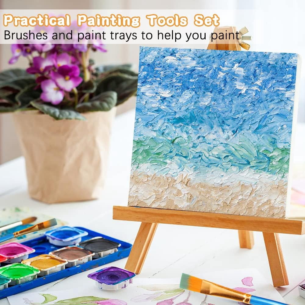 82Pcs Mini Canvas and Easel Set, 4x4 Adjustable Painting Set, 20 Wooden Easels with 20 Canvas, 14 Paintbrushes, 4 Palettes and Drawing Stand Kit for Party Drawing