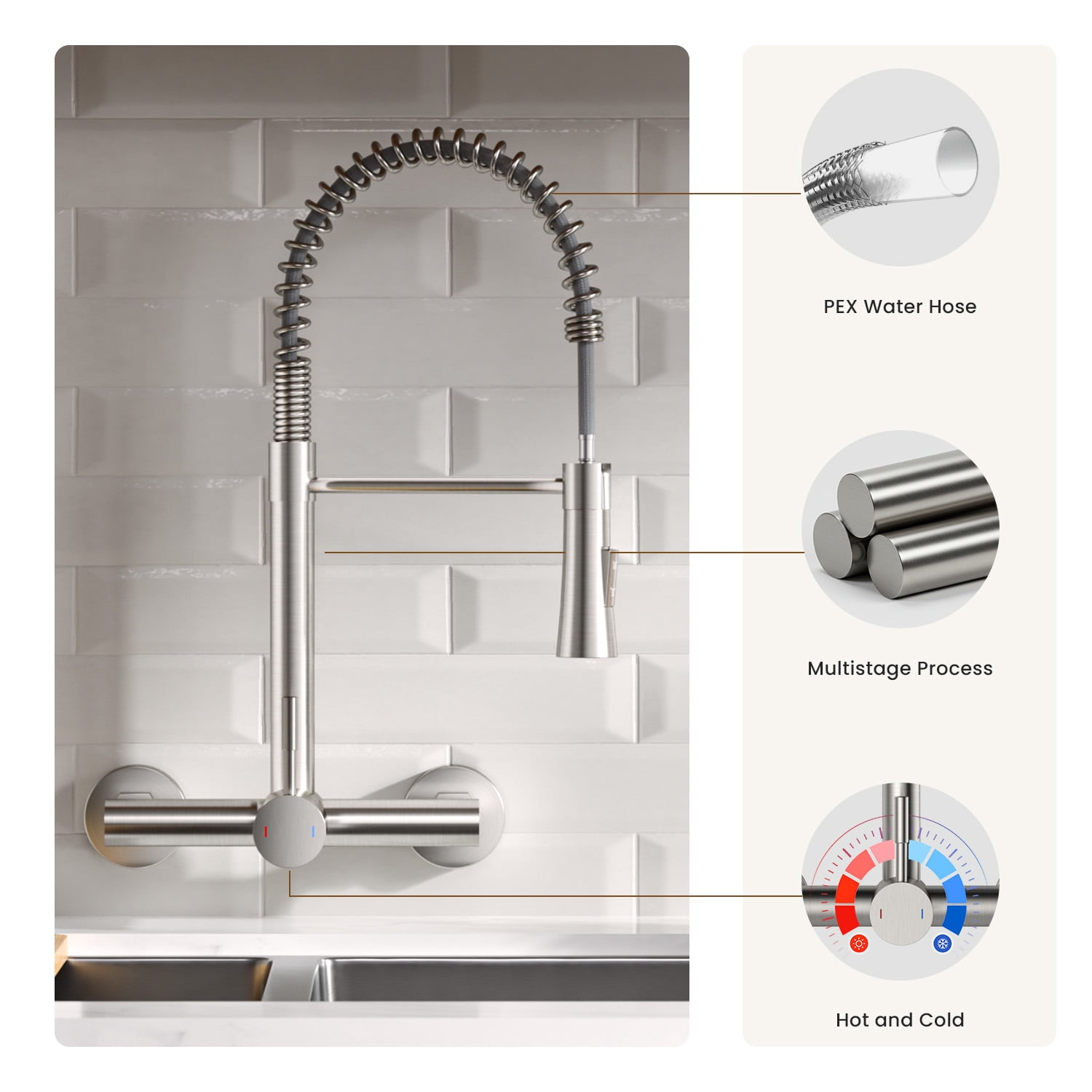 Wall Mount Kitchen Faucet Single Handles, 8 Inch Center Wall Commercial Utility Sink Faucet with Pull Out Sprayer 2 Modes, Stainless Steel, Brushed Nickel