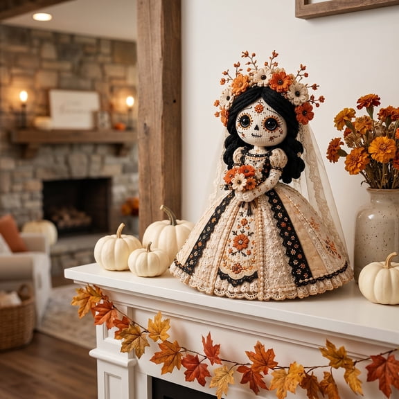 Day of the Dead Catrina Patchwork Doll DIY Sewing Kit for Adults, All Inclusive Fabric Stitching Craft Supplies, Vintage Mexican Sugar Skull Folk Art Doll, Fall Seasonal Handmade Decor Gift C