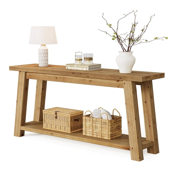 Fnova 70.9" Solid Wood Console Table, Farmhouse 2-Tier Entryway Table with Storage, Narrow Long Sofa Table for Living Room, Hallway