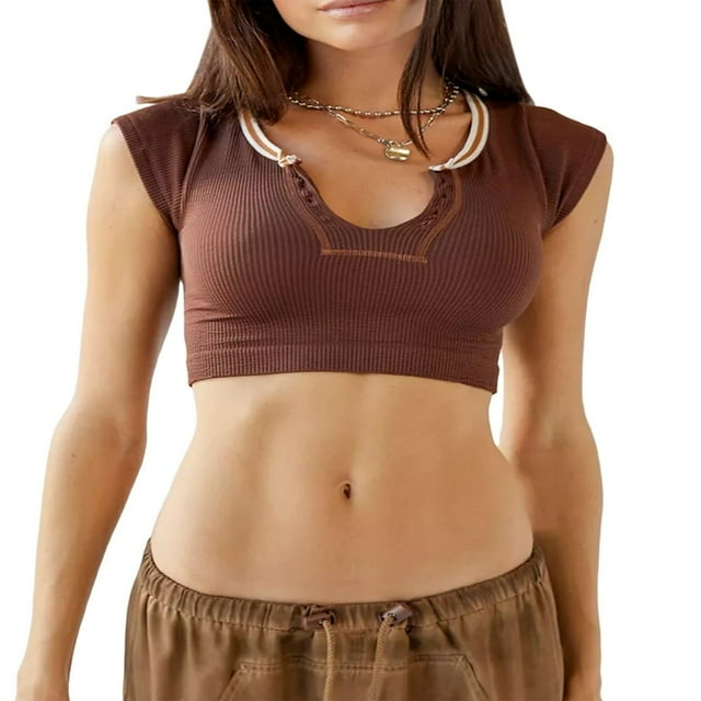 MesaSe Women Short Sleeve T-Shirt V Neck Ribbed Knit Crop Top Contrast Color Slim Fitted Casual Basic Tee Top