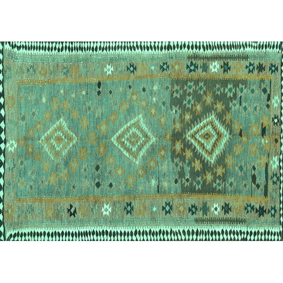 Ahgly Company Machine Washable Indoor Rectangle Southwestern Turquoise Blue Country Area Rugs, 8' x 10'
