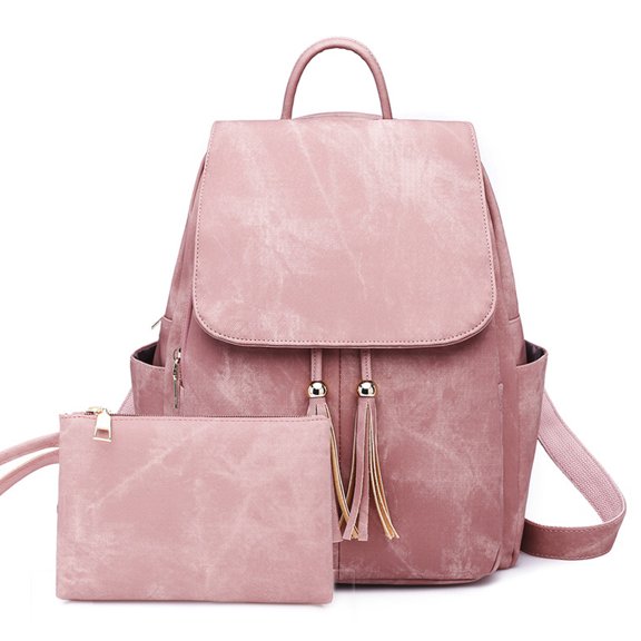 Backpack Purse for Women, PU Leather Anti Theft Travel Backpack Purse Shoulder Bags with Tassel - Pink