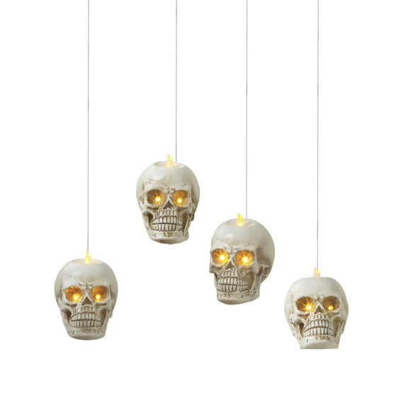 Gerson Set of 4 Battery Operated resin hanging skull appear to be hanging in mid-air