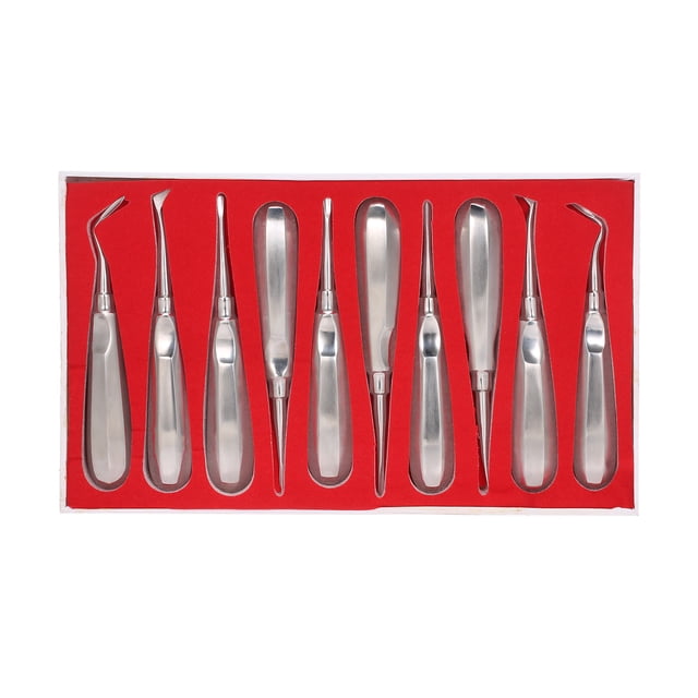 juego de 10 elevadores dentales de acero inoxidable - 10 elevadores rectos y curvos con mango antideslizante y diseño ergonómico, vistos frontalmente en bandeja roja; hojas delgadas plateadas y vástagos rectos o angulados para aflojar y separar tejido durante extracciones, a menudo usados también para manipular modelos dentales en laboratorio.
