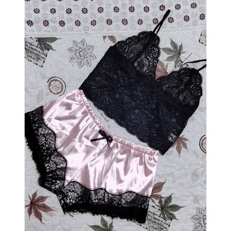 

TruPeony 2pcs/set Women Sexy Satin Lace Sleepwear Babydoll Lingerie Nightdress Pajamas Set