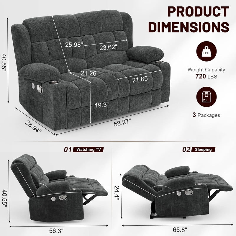ODUMDUM Loveseat Recliner Sofa, Fabric Manual Pull Tab Reclining Loveseat with USB Charge Ports, Cup Holders, Recliner Love Seat Couches for Living Room, RV, Gray