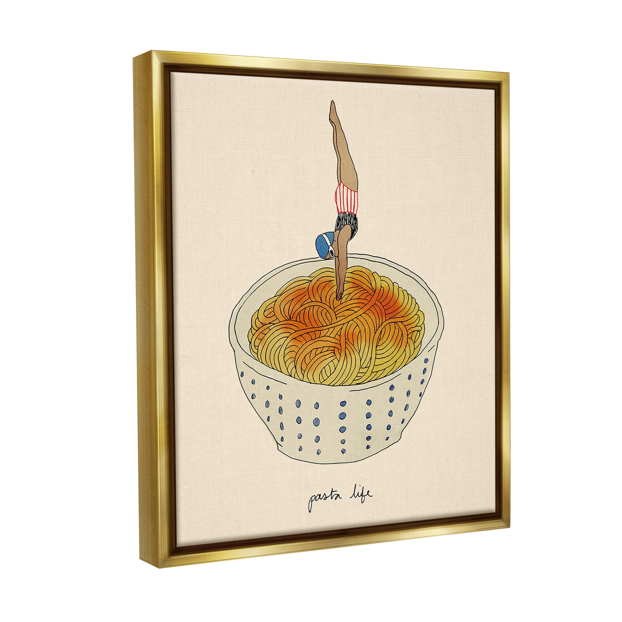Stupell Industries Swimmer with Pasta Bowl Food & Beverage Painting Gold Floater Framed Canvas Art Print Wall Art, 17 x 21