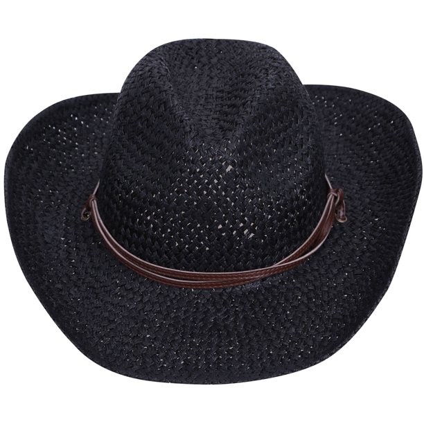 Men's Straw Cowboy Hat w/ PU Leather Band & Chin Strap Black