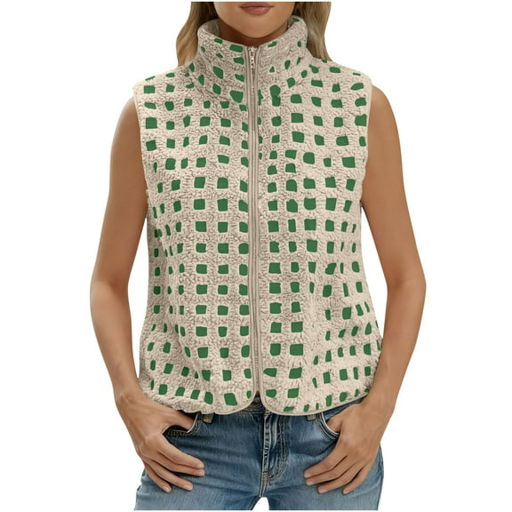 CHUMUD Womens Checkered Sherpa Vest Fleece Fuzzy Zip Up Sleeveless Jacket Casual Stand Collar 2025 Winter Warm Outwear