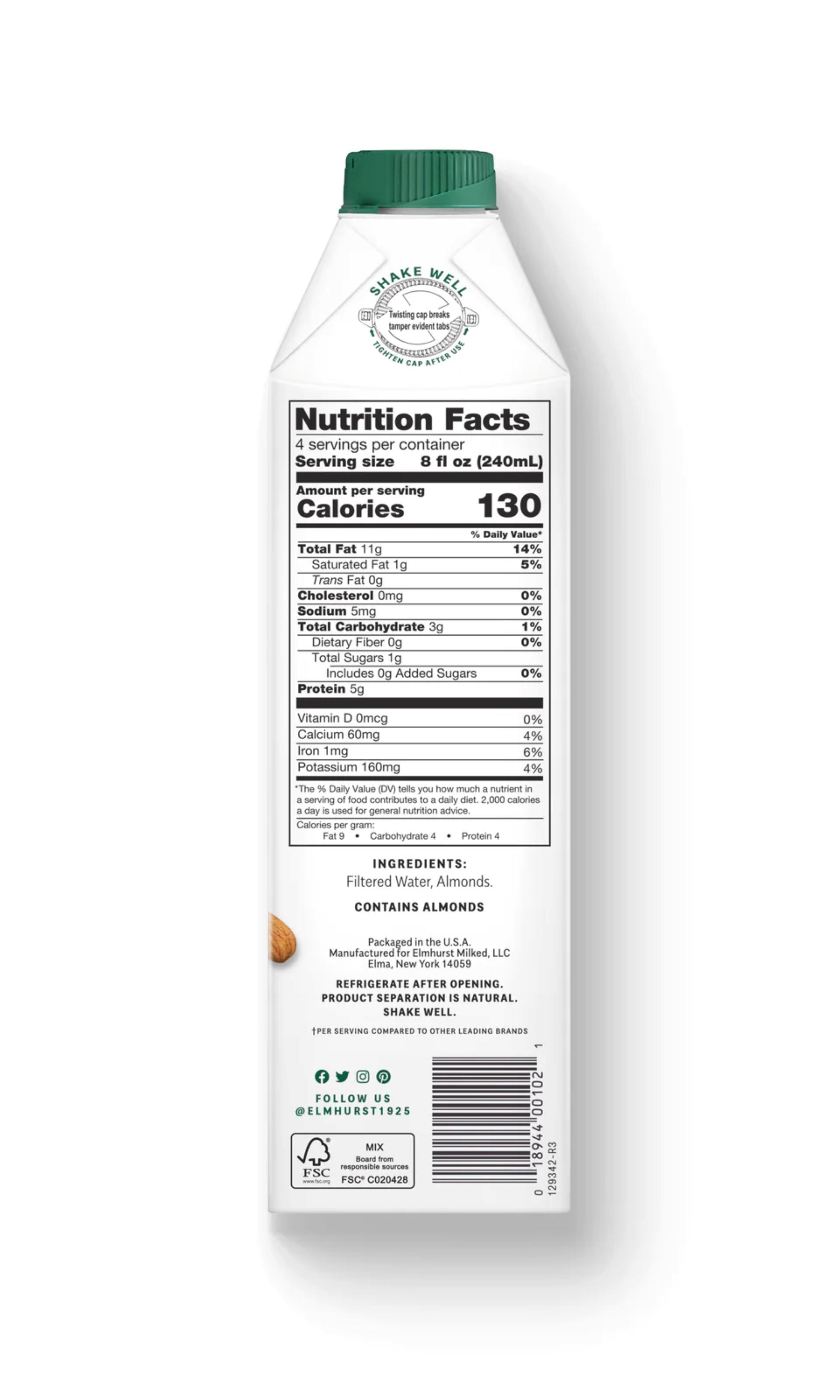 (2 pack) Elmhurst, Unsweetened, Milked Almonds, 32 fl oz Bottle