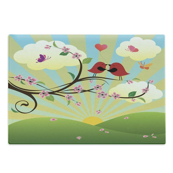 Flower Landscapes Cutting Board, Romantic Birds Humming on a Tree Branch with Flowers Print, Decorative Tempered Glass Cutting and Serving Board, in 3 Sizes, by Ambesonne
