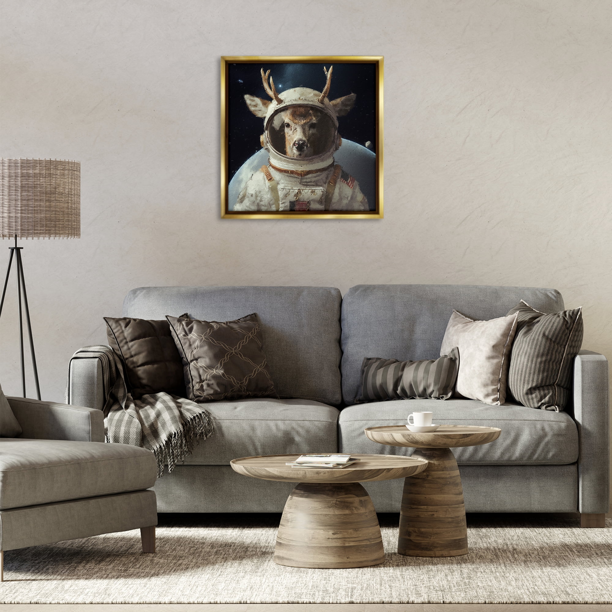 Stupell Industries Space Astronaut Deer Astrology & Stars Painting Gold Floater Framed Canvas Art Print Wall Art, 25 x 25