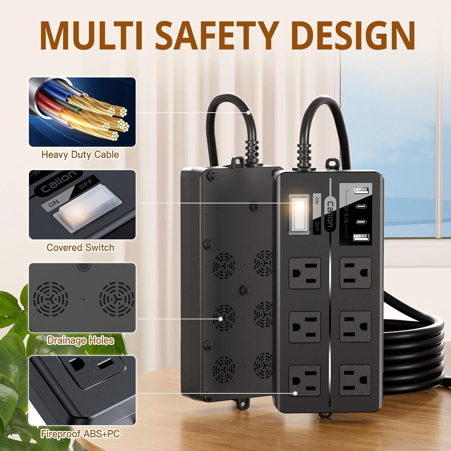 Outdoor Power Strip Weatherproof,Waterproof Surge Protector with 4 USB Ports and 6 Outlets,15 FT Extension Cord with Flat Plug,Shockproof Overload Protection, Wall Outlet for Home Office Porch Patio